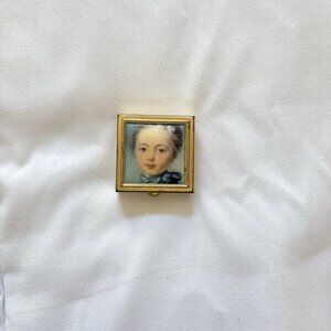 Vintage Satin Girl Portrait Pill Trinket Tooth Box Cameo Metal Gold Blue
